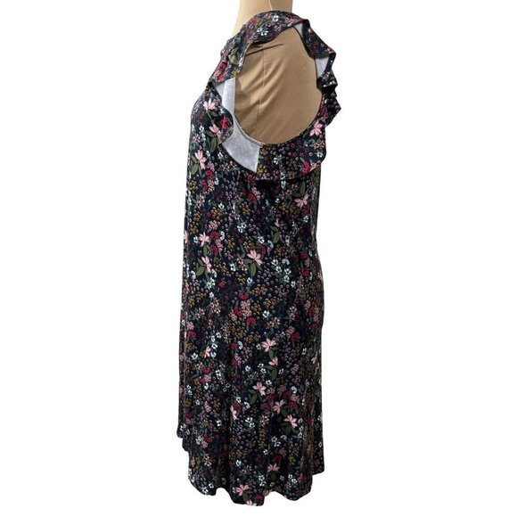 Loft Swing Dress Knit Floral Ruffle Cap Sleeve Comfort Casual M Medium Black - Picture 2 of 7